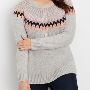Maurices Size Large Casual Gray Navy Fair Isle Cotton Blend Crewneck Sweater